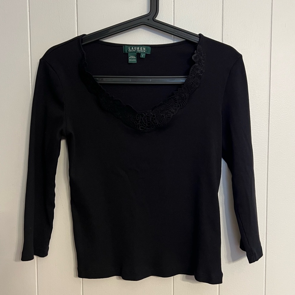 Lauren Ralph Lauren Ribbed Top With‎ Lace Trim V Neck Y2K Size S